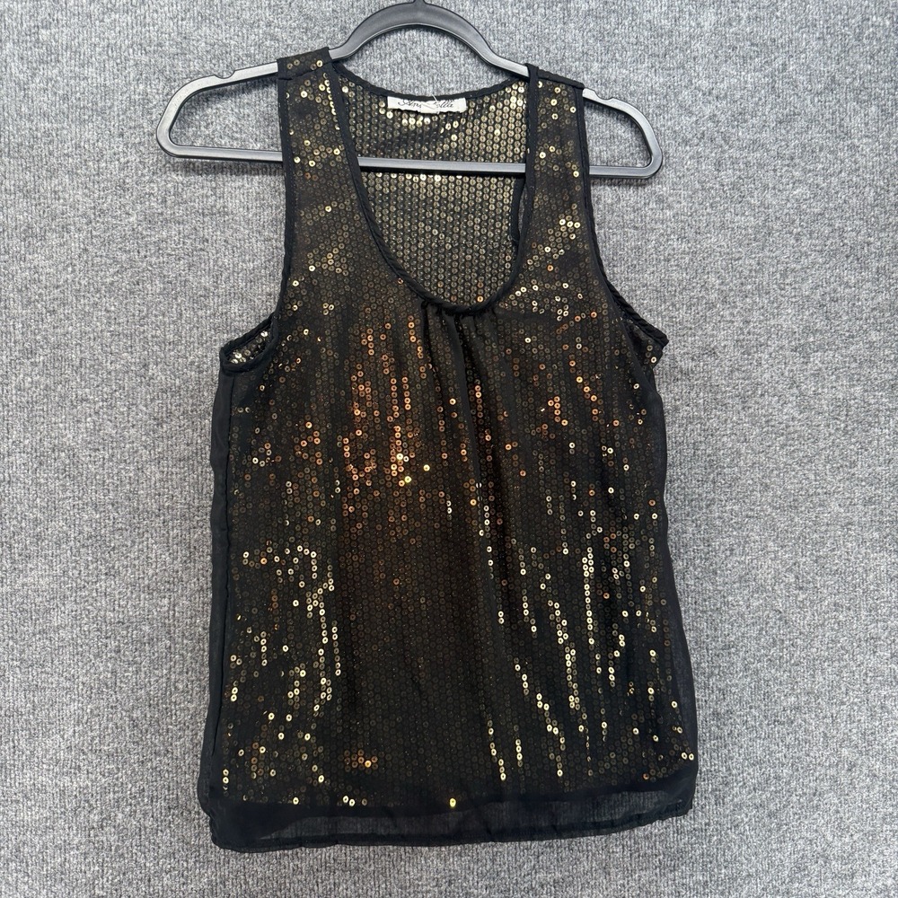 Vintage 90s Tank Top Womens L Black Gold Sequins Sleeveless Cocktail Party Event